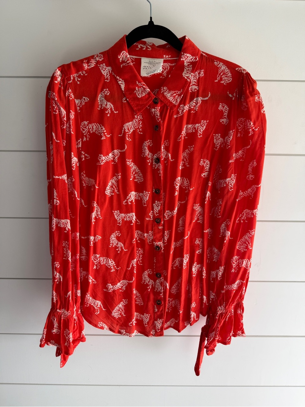 Anthropologie Bright Orange Tiger-Print Button-Up Blouse